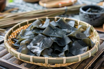 Bamboo plate with clear kelp seaweed noodles