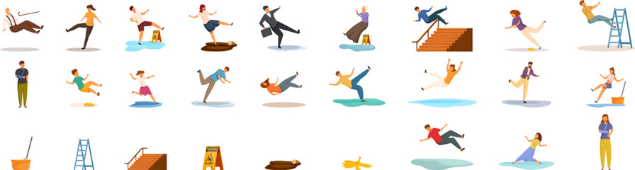 Slip people icons set. People of different ages, occupations and genders slipping and falling down on wet floor