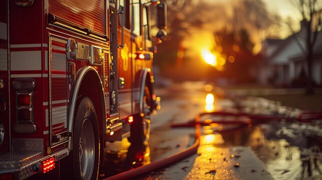 Fire truck parked in a suburban neighborhood during sunset after responding to a call. Bright red fire truck with hoses in a calm residential area at dusk.