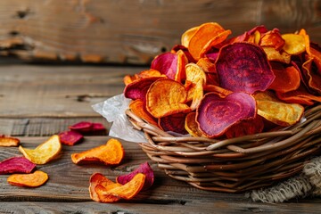 Beet and carrot chips in wicker basket on wooden background