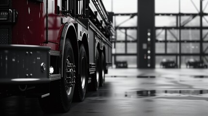 Fire truck inside a modern fire station with wet floor reflecting the vehicle.