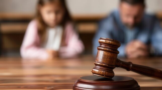 A wooden gavel rests on a wooden sound block, with a blurred child in the background, symbolizing a legal decision about child custody. Generative AI