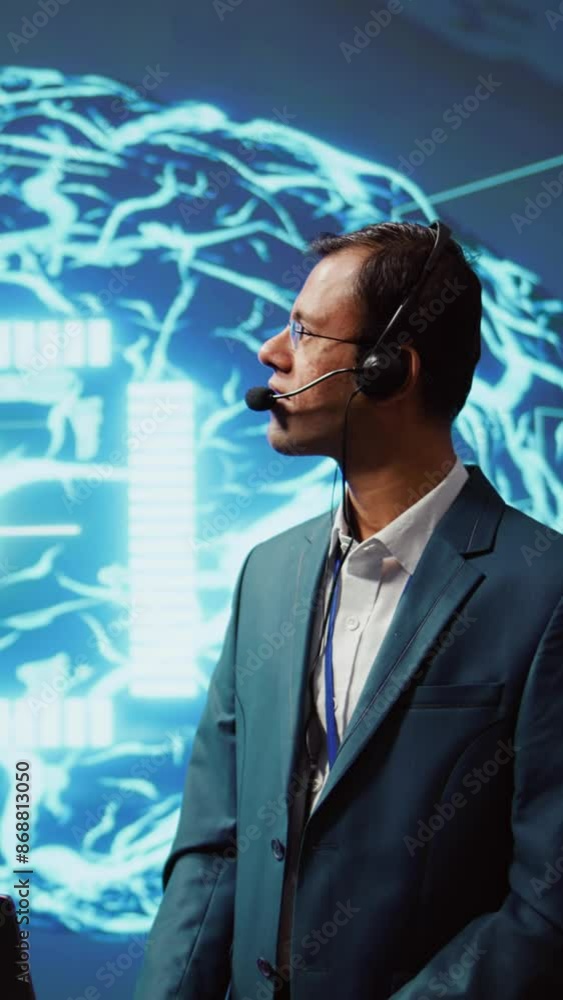 Poster vertical video speaker talking with audience during remote call online ai webinar hosting leading ex
