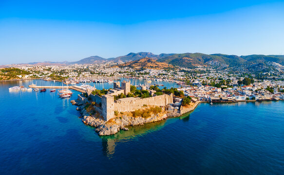 The Bodrum Castle and marina aerial panoramic view in Turkey