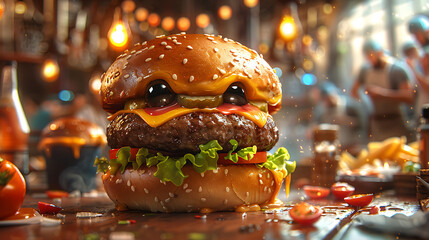 Gourmet Burger Displayed on a Rustic Wooden Table, Highlighting Fresh Ingredients and Artful Presentation in a Modern Culinary Setting