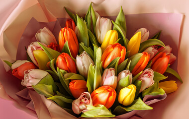 Bouquet of tulip flowers on pink background.