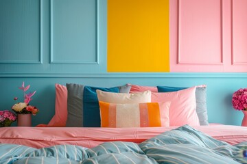 Blue and pink bedroom style with yellow accents on wall and pillow