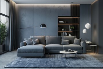 Blue and grey living room with lamp and furniture