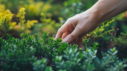 Fototapeta premium A hand gently nurturing native plants in a botanical garden