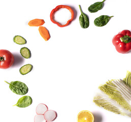 Flat lay different vegetables on white background, copy space. Food concept.