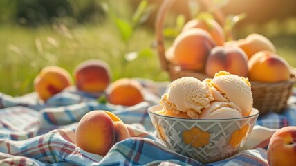 Bowl of peach ice cream on picnic blanket, surrounded by peaches
