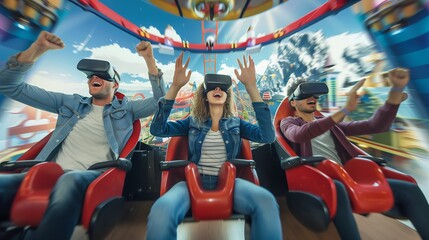 A VR theme park offers thrilling rides and adventures, leaving participants with euphoric smiles.