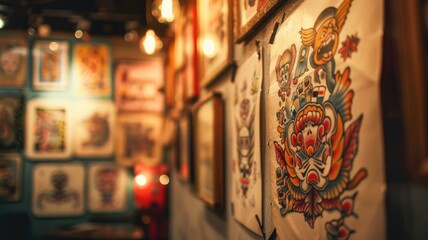 Fototapeta premium Vibrant tattoo parlor walls adorned with colorful, intricate designs
