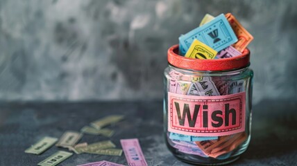 Jar labeled "Wish" filled with colorful paper strips for saving or collecting dreams