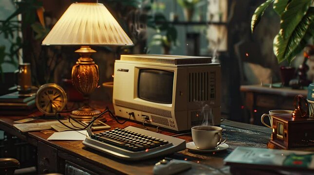 Cozy workspace with coffee, antique lamp, and vintage PC on a wooden table
 Seamless looping 4k time-lapse virtual video animation background. Generated AI