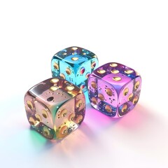 Vibrant Multicolored Crystal Dice with Gold Dots Isolated on White Background