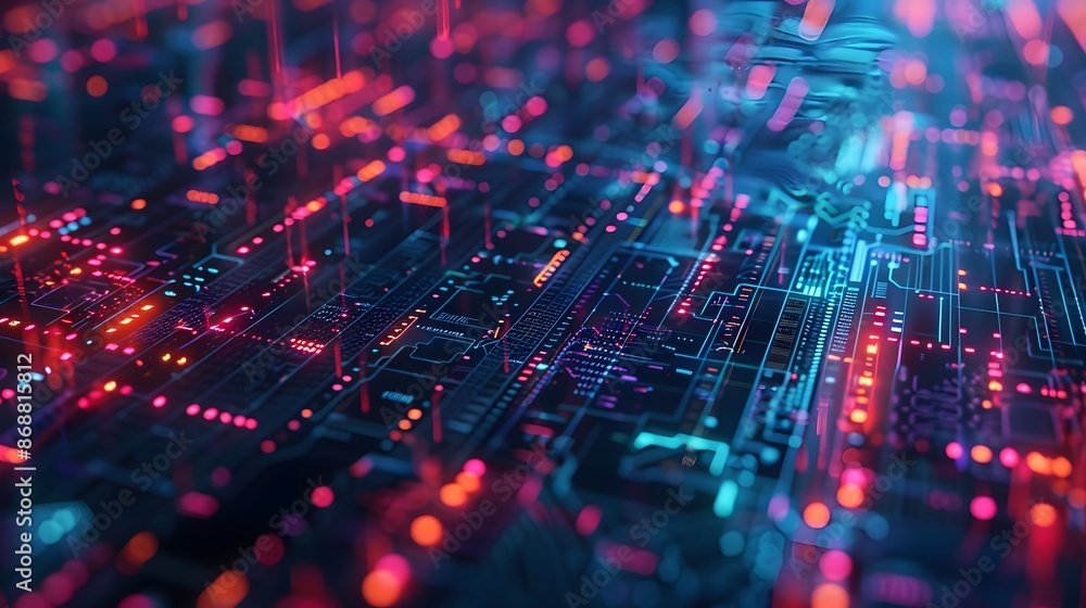 Canvas Prints futuristic digital circuit board with neon red and blue lights background for technology and ai