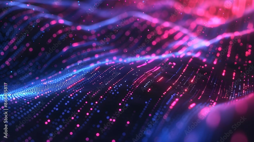 Poster dynamic digital waveform with purple and blue dots and lines background for technology and ai
