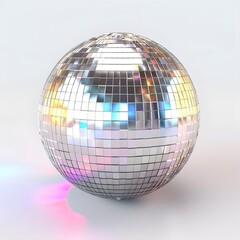 Shiny Reflective Disco Mirror Ball Isolated on White Background with Rainbow Light Reflections