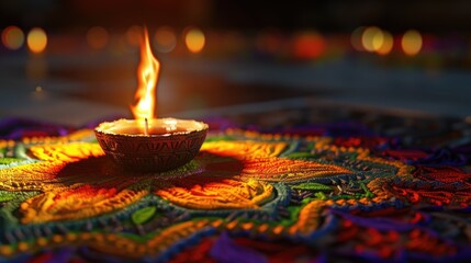 Candle on colorful tablecloth