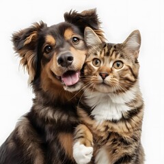 Fototapeta premium Cute Dog and Cat Posing Together Looking at Camera Isolated on White Background