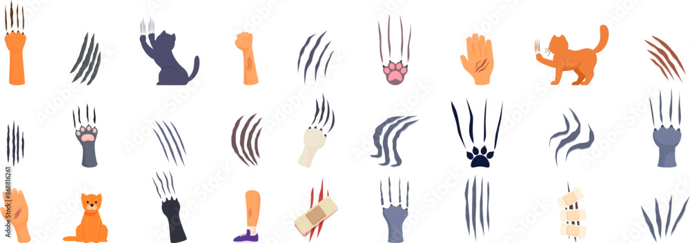 Aufkleber cat scratch icons set. this set features various illustrations of cat scratching claws marks, includ