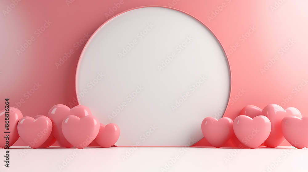 Poster abstract background minimal style for branding product with 3d pink heart shapes