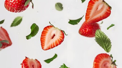 Fresh strawberries and sliced strawberry halves with green leaves floating in mid-air against a white background