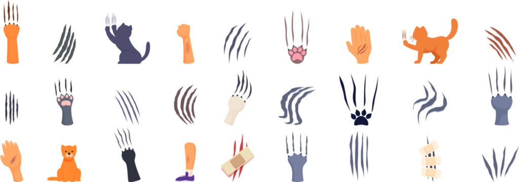 cat scratch icons set. This set features various illustrations of cat scratching claws marks, including an angry pet and injured body parts