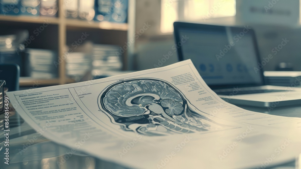 Poster close-up of brain scan on desk with laptop in background