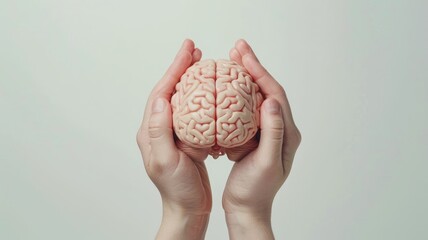 Hands holding brain model against white background