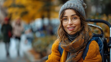 A young woman in a comfortable fall outfit, including a grey beanie and an orange jacket, smiles warmly at the camera with a background of autumn foliage and soft sunlight.