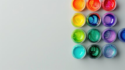 Twelve colorful paint jars arranged in rows on light background
