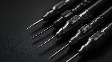 Naklejka premium Close-up of precision metal tools with sharp tips on dark surface