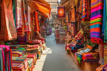 A vibrant street market in India showcasing colorful textiles and carpets for sale. Generative AI