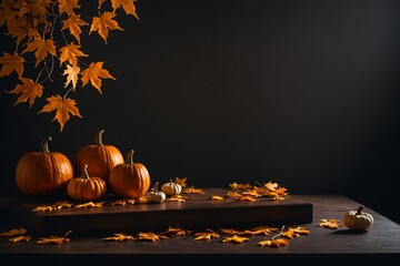 Halloween background with podium for display product, maple leaves, orange pumpkins on dark table.