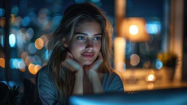 A woman, absorbed in her work, is bathed in the soft glow of her computer screen, with a cityscape illuminated by night lights behind her, highlighting focus and modern work culture. - Powered by Adobe