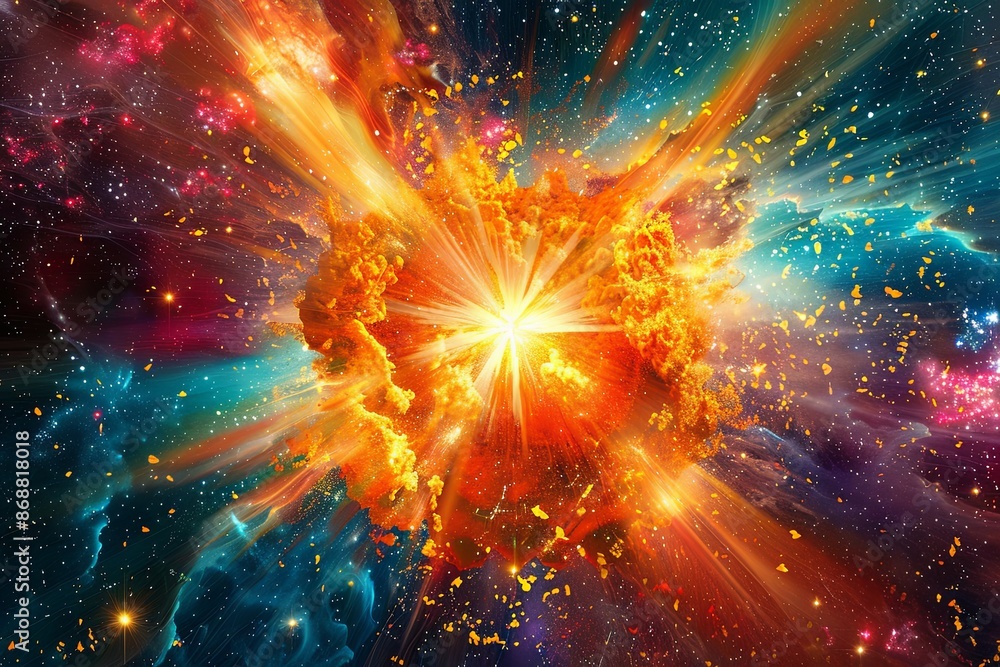 Poster a vibrant and dynamic depiction of a supernova explosion in the vast expanse of space, with swirling