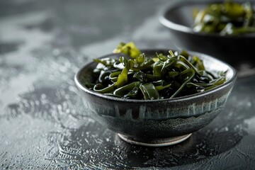 Wakame seaweed in bowl on black table