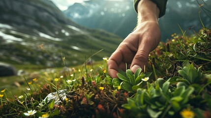 Fototapeta premium A hand lovingly restoring degraded alpine meadows