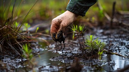 A hand lovingly restoring degraded peatlands, symbolizing carbon sequestration and habitat preservation, captured in Nature Photography styles, emphasizing peatland restoration