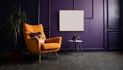 lavender wall and bright orange armchair with a playful blank mockup poster wide view