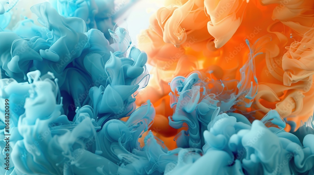 Sticker spectacular image of blue and orange liquid ink churning together, with a realistic texture and grea