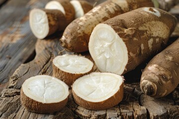 Whole and chopped cassava roots on table close up