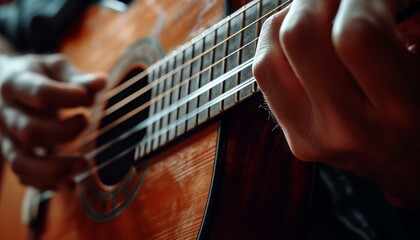 Fototapeta premium Close-up of guitar, fingers skillfully strumming strings 🎸 Emphasizes intimate, expressive music creation. Intricate details and dynamic finger motion capture the essence of musical artistry.
