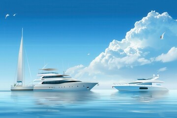 A breathtaking view of two luxury yachts gliding across pristine blue waters, with a bright blue sky and fluffy white clouds overhead. Generative AI
