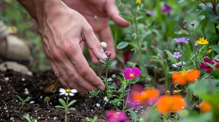 Fototapeta premium A hand skillfully planting native flowers in a pollinator garden