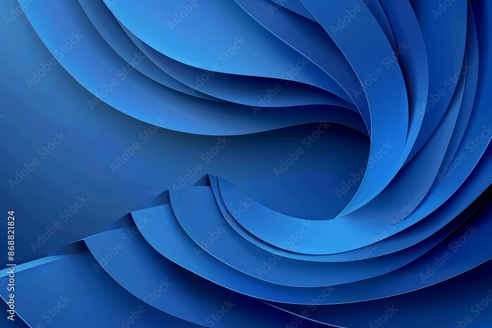 Poster a digital artwork featuring a series of blue paper layers curving inward, creating an abstract and d