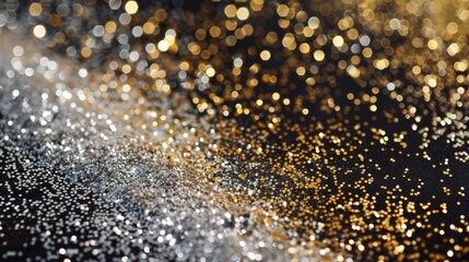 A close-up of sparkling silver and gold glitter particles scattered on a dark surface, creating a stunning bokeh effect with shimmering lights and reflections.