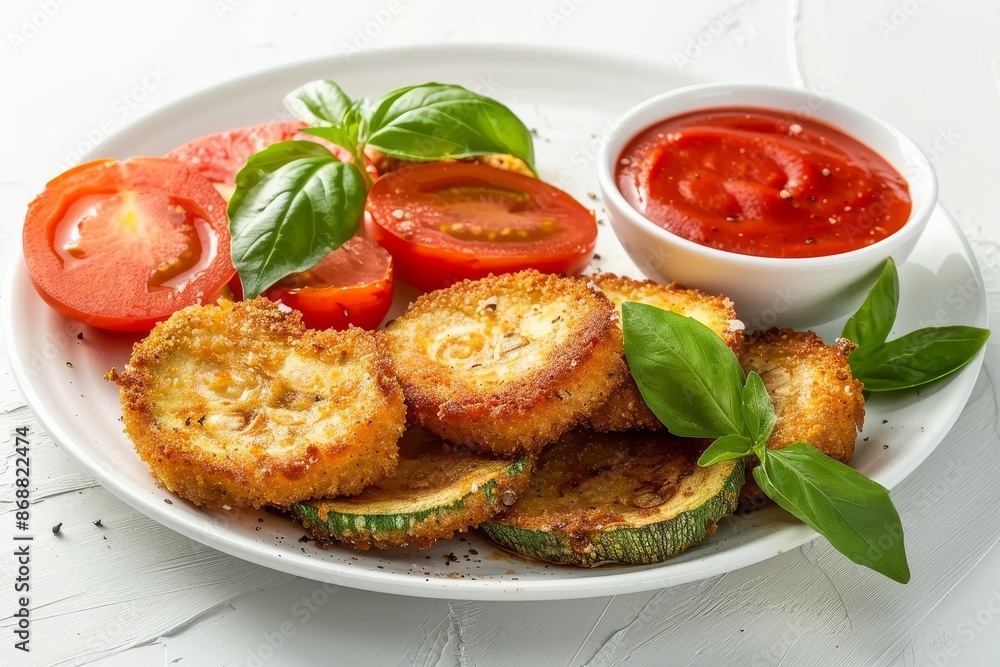 Sticker zucchini and tomato with sauce on plate